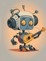 Illustration of a futuristic robot with headphones playing a guitar, showcasing the creativity of AI in music, Created with Generative AI Technology
