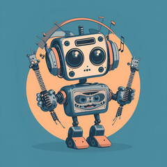 Illustration of a music robot with two guitars and stylish headphones, showcasing the creativity of AI in music, Created with Generative AI Technology