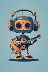 Illustration of a music-playing robot with headphones and a guitar, showcasing the creativity of AI in music, Created with Generative AI Technology