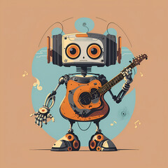 Illustration of a robot musician performing live with a guitar, showcasing the creativity of AI in music, Created with Generative AI Technology