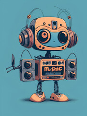 Illustration of a music-loving robot wearing headphones and holding a radio, showcasing the creativity of AI in music, Created with Generative AI Technology