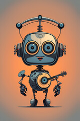 Illustration of a futuristic AI robot with a guitar and wearing headphones, showcasing the creativity of AI in music, Created with Generative AI Technology