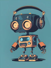 Illustration of a futuristic AI robot wearing headphones and a radio, showcasing the creativity of AI in music, Created with Generative AI Technology