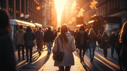 Crowds of people walk home from work at sunset - obrazy, fototapety, plakaty