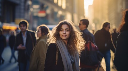 Obraz premium Crowds of people walk home from work at sunset
