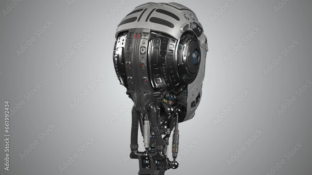 Poster turntable 360 degree animation of futuristic robot head or detailed humanoid cyborg. 3d rendering is