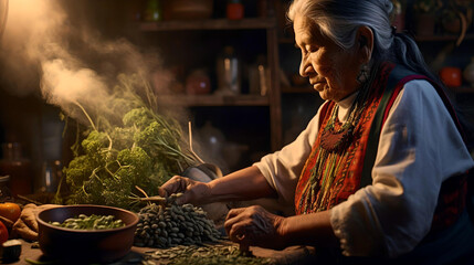 Mexican healer preparing her herbal infusions to heal a patient, natural medicine, local culture and Latin American tradition, Mexican shaman - obrazy, fototapety, plakaty