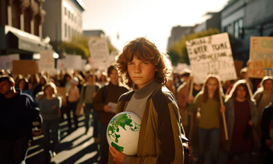 Obraz premium Adolescent boy poses in front of a crowd protesting climate change
