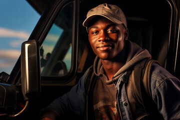 Handsome African truck driver on the background of a truck on the road. The profession of truck driver.