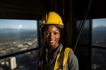 young African American Woman Working in Construction with Protective Clothing and Helmet