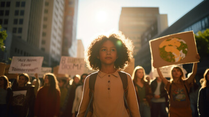 Adolescent boy poses in front of a crowd protesting climate change - obrazy, fototapety, plakaty