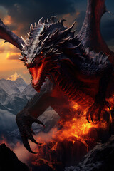A colossal dragon, perched on a mountain peak, releases an inferno from its maw, turning the night into day.