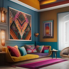 A vibrant, bohemian living room with colorful textiles, eclectic decor, and floor cushions2