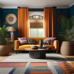 A vibrant, bohemian living room with a mix of textures, colors, and globally-inspired decor1