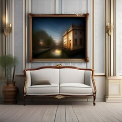 A vintage, Victorian-era drawing room with elegant wallpaper, lace curtains, and antique furniture4