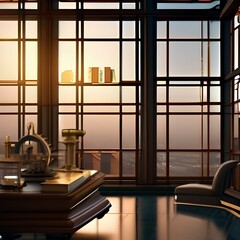 A steampunk-themed study with brass fixtures, leather-bound books, and vintage scientific instruments1