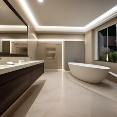 Fototapeta na wymiar A tranquil, spa-like bathroom with a freestanding tub, natural stone, and soft, ambient lighting4