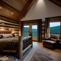 A cozy, cabin-style bedroom with a log canopy bed, plaid bedding, and a stone hearth fireplace4