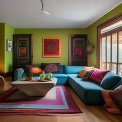 A vibrant, bohemian living room with colorful textiles, eclectic decor, and floor cushions4