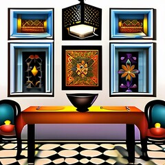 A colorful, Moroccan-themed dining room with intricate tile patterns, patterned textiles, and lantern chandeliers2