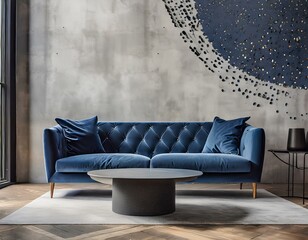 Dark blue sofa and round coffee table against wall with abstract rain wall. Loft minimalist home interior design of modern living room