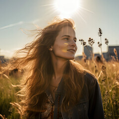 beautiful young woman in a field with the sun streaming through her long hair, nature, natural