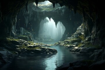 Vast abyss. Cave interior overlooks captivating scenery. Generative AI