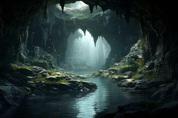 Papier Peint photo Noir Vast abyss. Cave interior overlooks captivating scenery. Generative AI