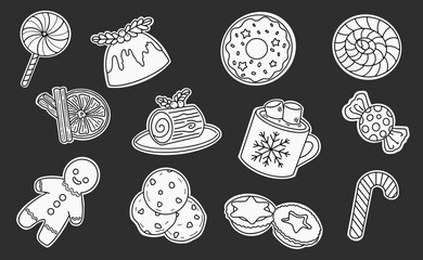 Hand Drawn Christmas Sticker Black and White Set
