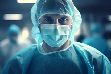 Portrait of a surgeon, a young doctor in a protective medical suit and with a mask on his face.
