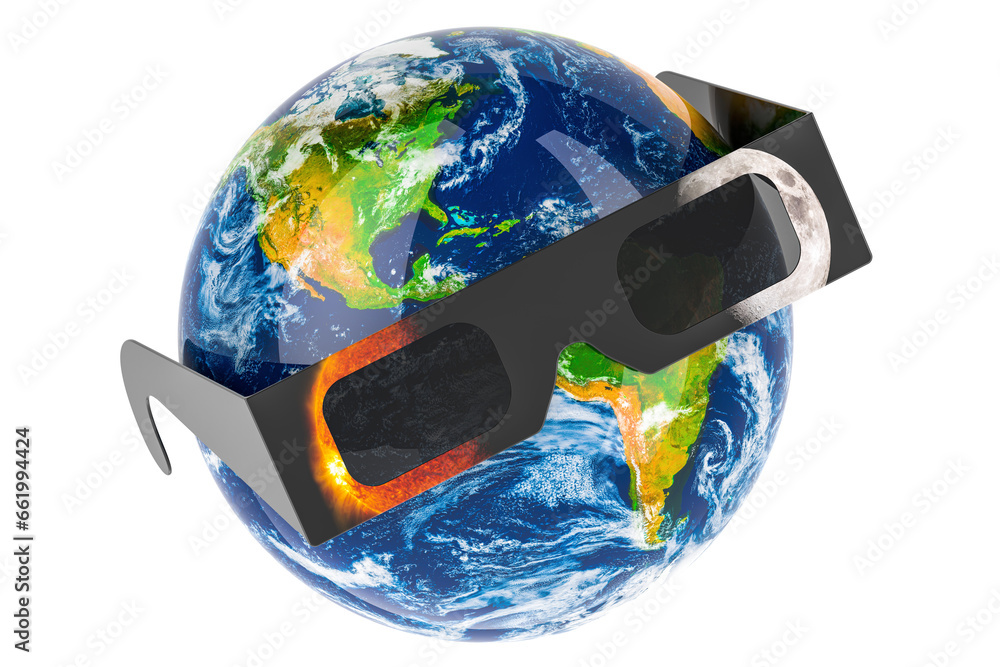 Poster earth globe with solar eclipse glasses. 3d rendering isolated on transparent background