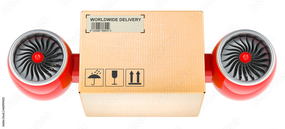 Aufkleber fast delivery, concept. parcel with jet engines. 3d rendering isolated on transparent background