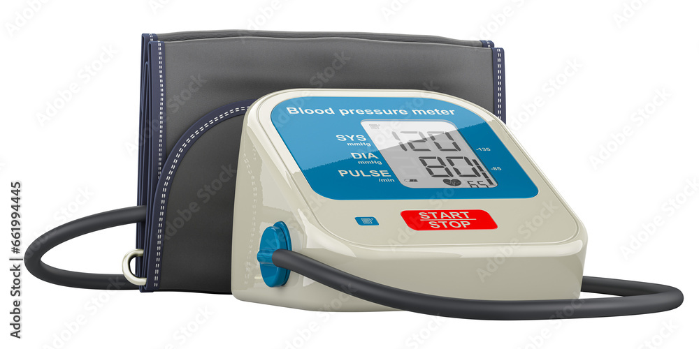 Poster fully automatic blood pressure monitor, electronic sphygmomanometer. 3d rendering isolated on transp