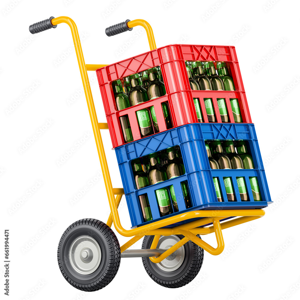 Poster hand truck with crates beer, 3d rendering isolated on transparent background