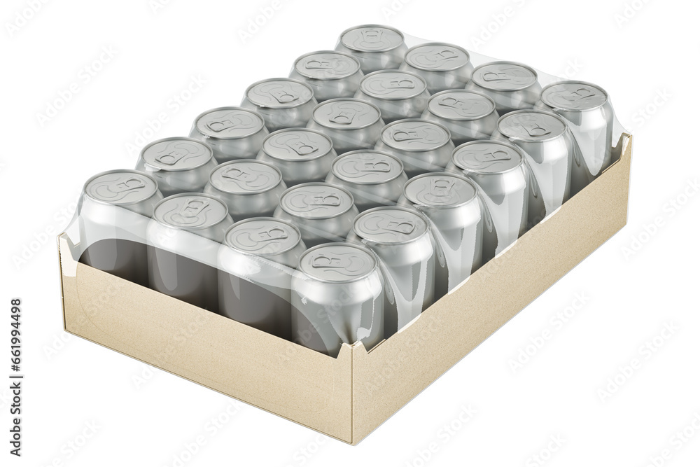 Poster metallic drink cans in shrink wrapping case, 3d rendering isolated on transparent background