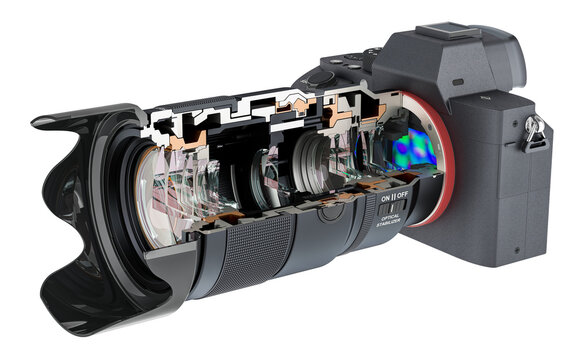 Cross section of mirrorless digital camera with zoom lens, 3D rendering isolated on transparent background