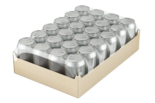 Metallic drink cans in shrink wrapping case, 3D rendering isolated on transparent background