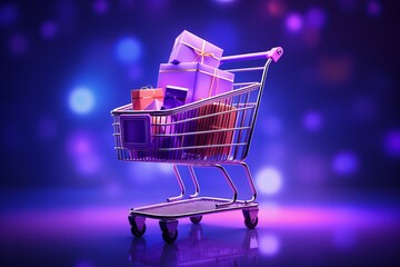 Shopping cart with Christmas gifts isolated on a neon blue and violet blurred background. Holidays...