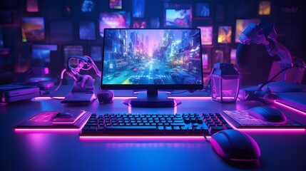 Composite of computer, keyboard with video game accessories and copy space on neon background - obrazy, fototapety, plakaty