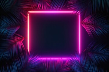 Modern abstract background with glowing neon square lines, palm leaves and empty copy space. 