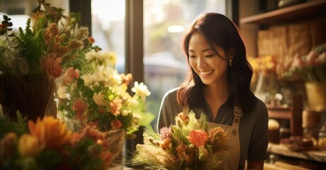 Asian Female Florist Occupation Lifestyle Background Generative AI - obrazy, fototapety, plakaty