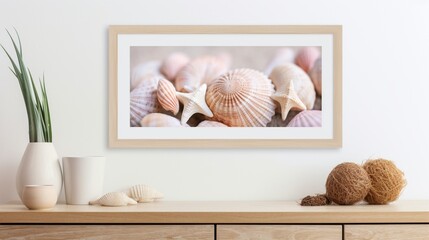 A beach-themed summer wall mockup featuring seashells and a beachwood frame, capturing the essence of a seaside vacation.