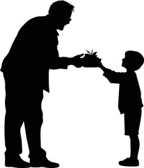 Gift-receiving grandmother, grandfather, gift-giving grandson, silhouette, vector illustration
