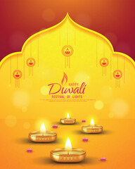 Happy Diwali - festival of lights colorful poster template design with decorative diya lamp.