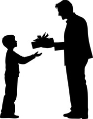 Child girl and boy gift-giving moments in simple silhouette style, kids exchanging presents in minimal vector scene. AI generated illustration.