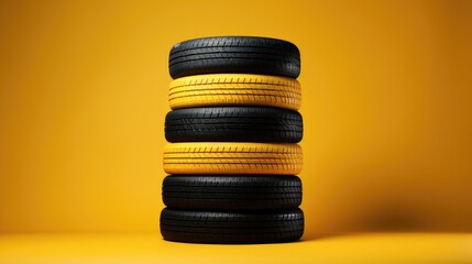 Fototapeta na wymiar Yellow and black tires on yellow background, Stack of new tires.