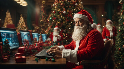 Santa Claus with christmas gifts, working with advance technology.