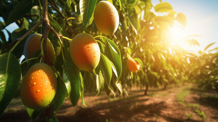 Ripe mango in the plantation with the sun rays in harvesting time. Created using generative AI. - obrazy, fototapety, plakaty