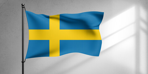 Sweden national flag cloth fabric waving on beautiful sky Background.