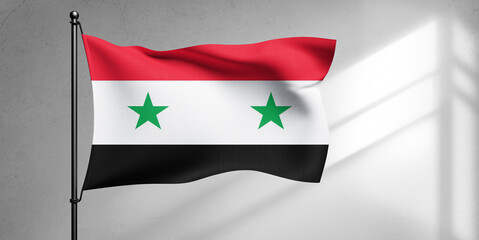 Syria national flag cloth fabric waving on beautiful sky Background.